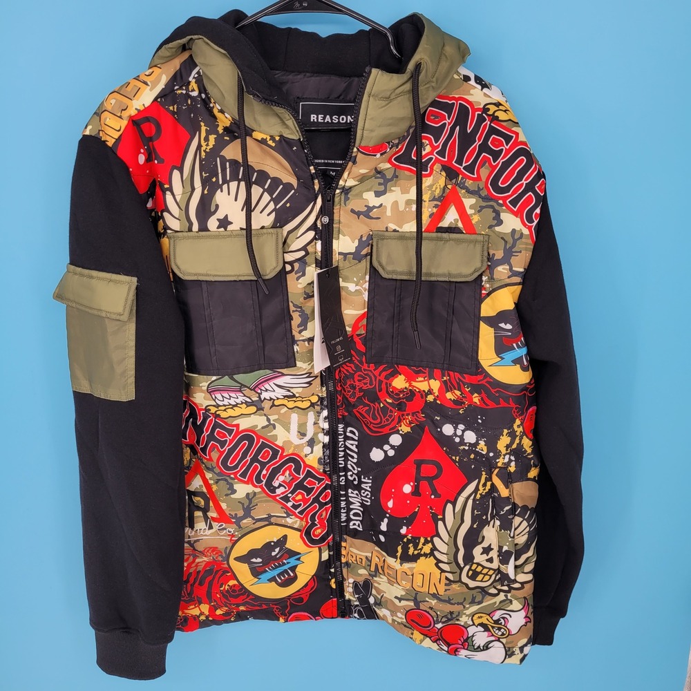 NWT Reason Puffer Jacket Mens Medium Streetwear Graffiti Graphic Hooded Full Zip